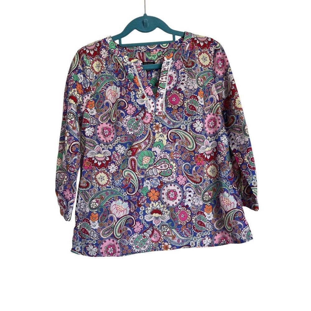 Talbots Top Womens Petite Paisley Print V-neck 3/4 Sleeve Cotton Bohemian